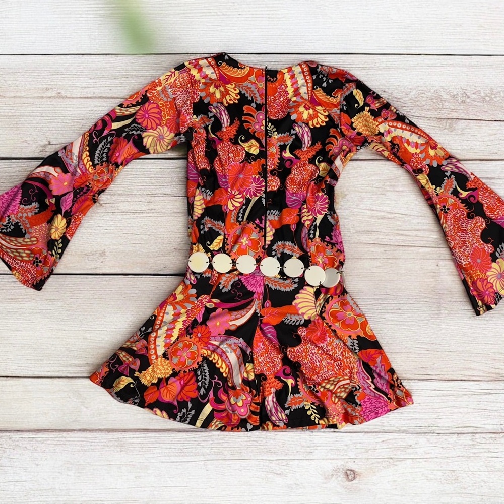 Women’s Multicolor Chic Hippie Paisley Bohemian Go-Go 60’s Mini Dress ~ Size M/L - Picture 3 of 7
